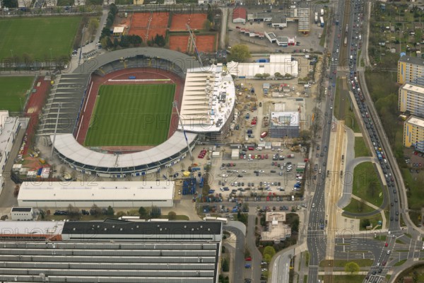 Eintracht Braunschweig stadium with west and east stands, Braunschweiger Turn- und Sportverein Eintracht von 1895 e. V. (BTSV), Bundesliga stadium, aerial view, aerial photography of the city of Braunschweig, Braunschweig, Ruhr area, Lower Saxony, Germany, Europe, birds-eyes view, aerial photography, aerial photography, overview, overview, bird's-eye view