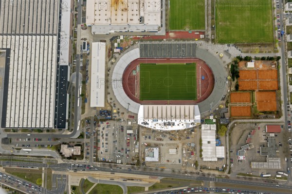 Eintracht Braunschweig stadium with west and east stands, Braunschweiger Turn- und Sportverein Eintracht von 1895 e. V. (BTSV), Bundesliga stadium, aerial view, aerial photography of the city of Braunschweig, Braunschweig, Ruhr area, Lower Saxony, Germany, Europe, birds-eyes view, aerial photography, aerial photography, overview, overview, bird's-eye view