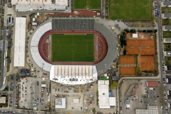 Eintracht Braunschweig stadium with west and east stands, Braunschweiger Turn- und Sportverein Eintracht von 1895 e. V. (BTSV), Bundesliga stadium, aerial view, aerial photography of the city of Braunschweig, Braunschweig, Ruhr area, Lower Saxony, Germany, Europe, birds-eyes view, aerial photography, aerial photography, overview, overview, bird's-eye view