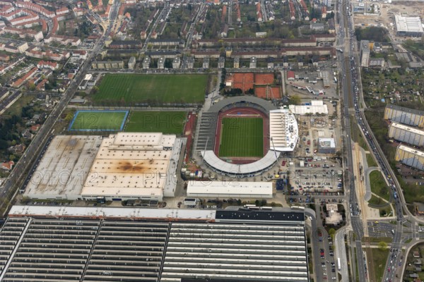 Eintracht Braunschweig stadium with west and east stands, Braunschweiger Turn- und Sportverein Eintracht von 1895 e. V. (BTSV), Bundesliga stadium, aerial view, aerial photography of the city of Braunschweig, Braunschweig, Ruhr area, Lower Saxony, Germany, Europe, birds-eyes view, aerial photography, aerial photography, overview, overview, bird's-eye view