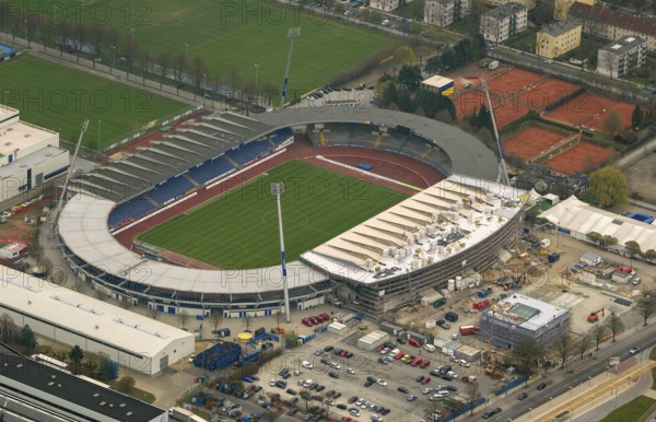 Eintracht Braunschweig stadium with west and east stands, Braunschweiger Turn- und Sportverein Eintracht von 1895 e. V. (BTSV), Bundesliga stadium, aerial view, aerial photography of the city of Braunschweig, Braunschweig, Ruhr area, Lower Saxony, Germany, Europe, birds-eyes view, aerial photography, aerial photography, overview, overview, bird's-eye view