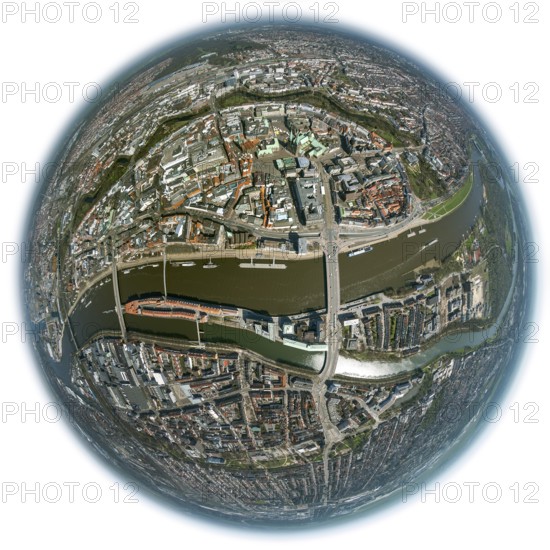 City hall Bremen, overview of the old town island Bremen between Weser and Wallgraben, city centre Bremen, city, aerial view, aerial photography of Bremen, Bremen, Germany, Europe, birds-eyes view, aerial photography, aerial photography, overview, bird's eye view, fisheye lens, fisheye lens