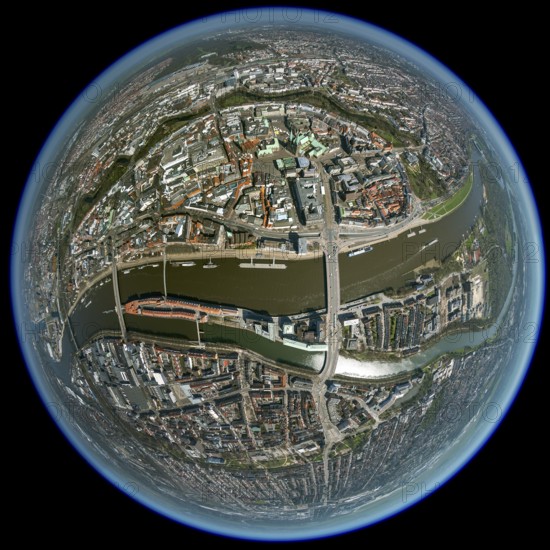 City hall Bremen, overview of the old town island Bremen between Weser and Wallgraben, city centre Bremen, city, aerial view, aerial photography of Bremen, Bremen, Germany, Europe, birds-eyes view, aerial photography, aerial photography, overview, bird's eye view, fisheye lens, fisheye lens