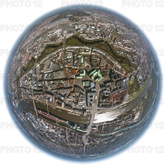 City hall Bremen, overview of the old town island Bremen between Weser and Wallgraben, city centre Bremen, city, aerial view, aerial photography of Bremen, Bremen, Germany, Europe, birds-eyes view, aerial photography, aerial photography, overview, bird's eye view, fisheye lens, fisheye lens