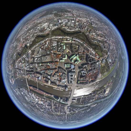City hall Bremen, overview of the old town island Bremen between Weser and Wallgraben, city centre Bremen, city, aerial view, aerial photography of Bremen, Bremen, Germany, Europe, birds-eyes view, aerial photography, aerial photography, overview, bird's eye view, fisheye lens, fisheye lens