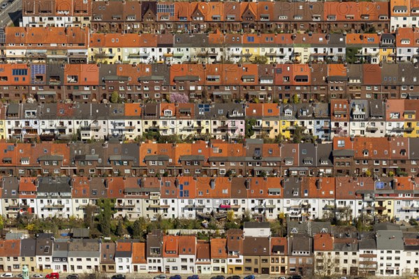 Rows of houses in the Findorff district, rented flats, multi-storey flats, red tiled roofs, attic flats, aerial view, aerial photographs of Bremen, Bremen, Germany, Europe, birds-eyes view, aerial photography, aerial photography, overview, bird's eye view