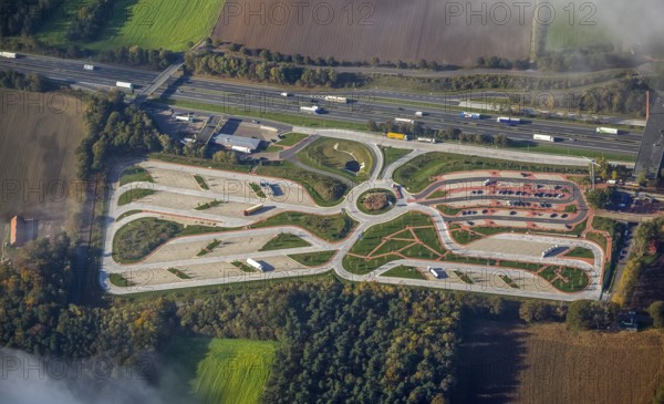 Rest area Dammer Berge east side, truck rest area, driving times, Holdorf, Lower Saxony, Germany, Europe, aerial view, birds-eyes view, aerial photography, aerial photography, overview, overview, bird's eye view
