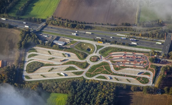 Rest area Dammer Berge east side, truck rest area, driving times, Holdorf, Lower Saxony, Germany, Europe, aerial view, birds-eyes view, aerial photography, aerial photography, overview, overview, bird's eye view
