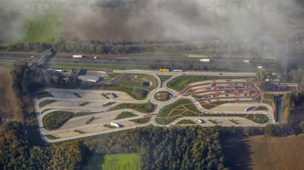 Rest area Dammer Berge east side, truck rest area, driving times, Holdorf, Lower Saxony, Germany, Europe, aerial view, birds-eyes view, aerial photography, aerial photography, overview, overview, bird's eye view
