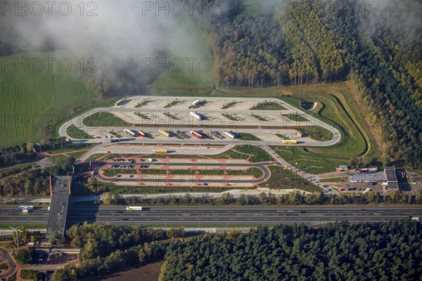 Rest area Dammer Berge Westseite, truck rest area, driving times, Holdorf, Lower Saxony, Germany, Europe, aerial view, birds-eyes view, aerial photography, aerial photography, overview, overview, bird's eye view