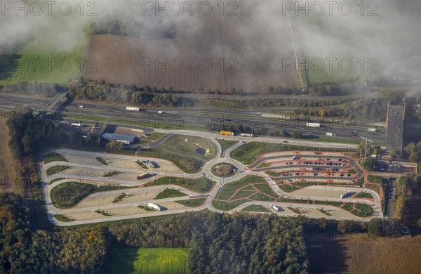 Rest area Dammer Berge east side, truck rest area, driving times, Holdorf, Lower Saxony, Germany, Europe, aerial view, birds-eyes view, aerial photography, aerial photography, overview, overview, bird's eye view