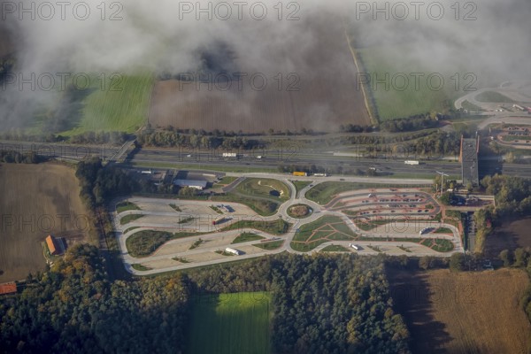 Rest area Dammer Berge east side, truck rest area, driving times, Holdorf, Lower Saxony, Germany, Europe, aerial view, birds-eyes view, aerial photography, aerial photography, overview, overview, bird's eye view