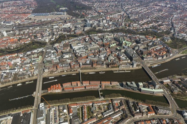City hall Bremen, overview of the old town island Bremen between Weser and Wallgraben, city centre Bremen, city, aerial view, aerial photography of Bremen, Bremen, Germany, Europe, birds-eyes view, aerial photography, aerial photography, overview, bird's eye view