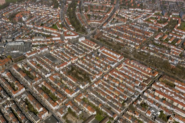 Rows of houses in the Findorff district, rented flats, multi-storey flats, red tiled roofs, attic flats, aerial view, aerial photographs of Bremen, Bremen, Germany, Europe, birds-eyes view, aerial photography, aerial photography, overview, bird's eye view