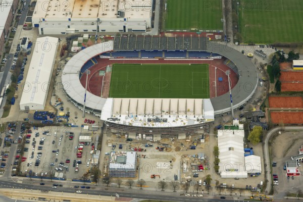 Eintracht Braunschweig stadium with west and east stands, Braunschweiger Turn- und Sportverein Eintracht von 1895 e. V. (BTSV), Bundesliga stadium, aerial view, aerial photography of the city of Braunschweig, Braunschweig, Ruhr area, Lower Saxony, Germany, Europe, birds-eyes view, aerial photography, aerial photography, overview, overview, bird's-eye view