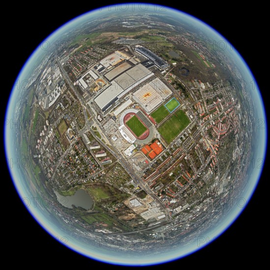 Eintracht Braunschweig stadium with west and east stands, Braunschweiger Turn- und Sportverein Eintracht von 1895 e. V. (BTSV), Bundesliga stadium, aerial view, aerial photography of the city of Braunschweig, Braunschweig, Ruhr area, Lower Saxony, Germany, Europe, birds-eyes view, aerial photography, aerial photography, overview, overview, bird's-eye view