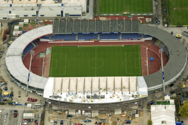 Eintracht Braunschweig stadium with west and east stands, Braunschweiger Turn- und Sportverein Eintracht von 1895 e. V. (BTSV), Bundesliga stadium, aerial view, aerial photography of the city of Braunschweig, Braunschweig, Ruhr area, Lower Saxony, Germany, Europe, birds-eyes view, aerial photography, aerial photography, overview, overview, bird's-eye view