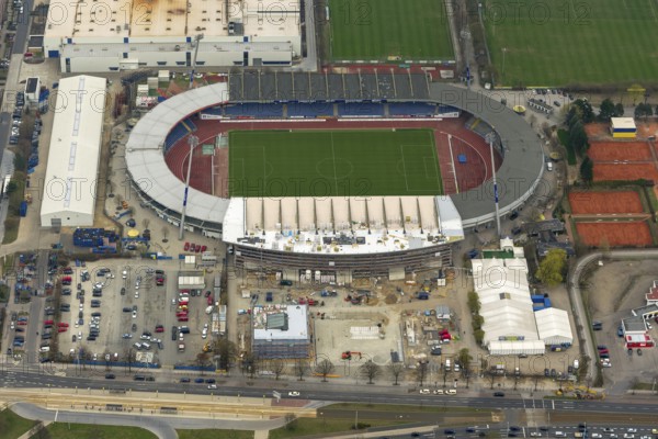 Eintracht Braunschweig stadium with west and east stands, Braunschweiger Turn- und Sportverein Eintracht von 1895 e. V. (BTSV), Bundesliga stadium, aerial view, aerial photography of the city of Braunschweig, Braunschweig, Ruhr area, Lower Saxony, Germany, Europe, birds-eyes view, aerial photography, aerial photography, overview, overview, bird's-eye view