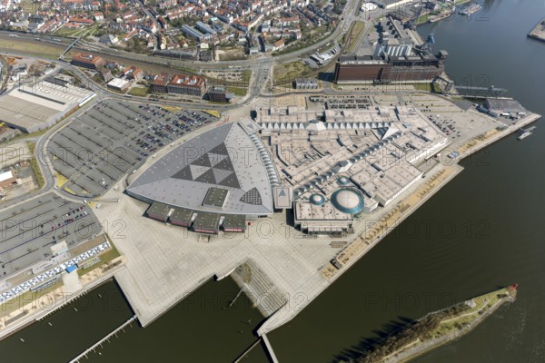 Bremen Waterfront, former SpacepPark Bremen, amusement centre and event location on the Weser, Bremen harbour, Weser, aerial view, aerial photography of Bremen, Bremen, Germany, Europe, birds-eyes view, aerial photography, aerial photography, overview, overview, bird's eye view