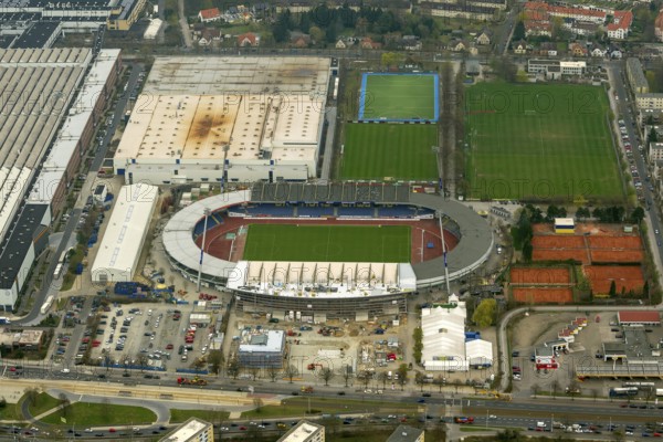 Eintracht Braunschweig stadium with west and east stands, Braunschweiger Turn- und Sportverein Eintracht von 1895 e. V. (BTSV), Bundesliga stadium, aerial view, aerial photography of the city of Braunschweig, Braunschweig, Ruhr area, Lower Saxony, Germany, Europe, birds-eyes view, aerial photography, aerial photography, overview, overview, bird's-eye view