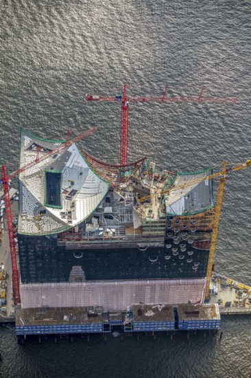 Construction site of the ElbPhilharmonie Hamburg, Philharmonie, Speicherstadt Hamburg, Elbe, Hamburg, Germany, Europe, aerial view, birds-eyes view, aerial photography, aerial photography, overview, overview, bird's eye view
