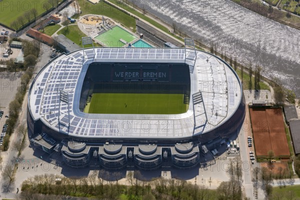 Weser stadium of SV Werder Bremen GmbH & Co. KGaA, Bundesliga, football club, solar roof, stadium football stadium on the Weser, aerial photo, aerial photography of Bremen, Bremen, Germany, Europe, birds-eyes view, aerial photography, aerial photography, overview, overview, bird's eye view