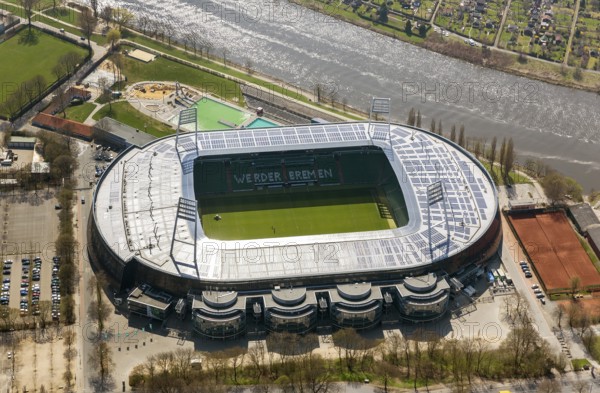 Weser stadium of SV Werder Bremen GmbH & Co. KGaA, Bundesliga, football club, solar roof, stadium football stadium on the Weser, aerial photo, aerial photography of Bremen, Bremen, Germany, Europe, birds-eyes view, aerial photography, aerial photography, overview, overview, bird's eye view