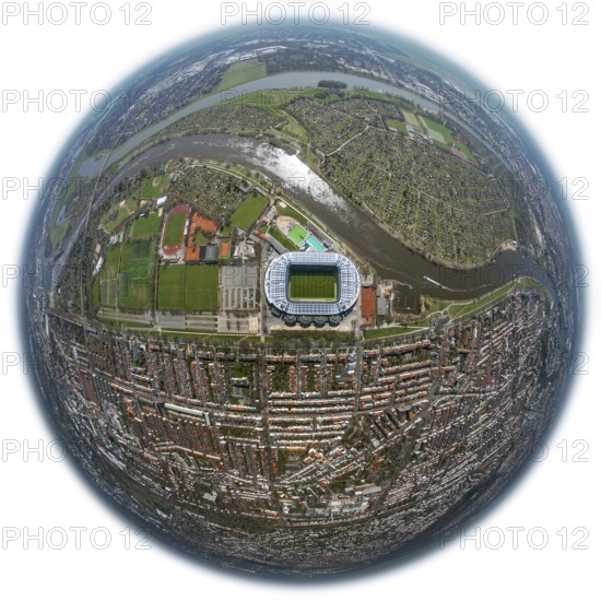 Weser stadium of SV Werder Bremen GmbH & Co. KGaA, Bundesliga, football club, solar roof, stadium football stadium on the Weser, aerial view, aerial photography of Bremen, Bremen, Germany, Europe, birds-eyes view, aerial photography, aerial photography, overview, bird's eye view, fisheye lens, fisheye lens
