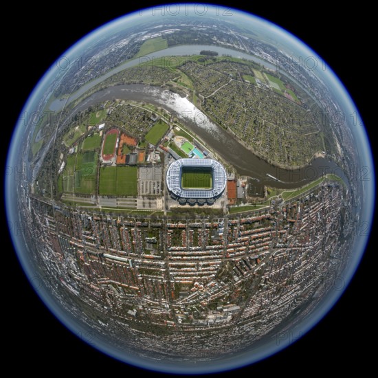 Weser stadium of SV Werder Bremen GmbH & Co. KGaA, Bundesliga, football club, solar roof, stadium football stadium on the Weser, aerial view, aerial photography of Bremen, Bremen, Germany, Europe, birds-eyes view, aerial photography, aerial photography, overview, bird's eye view, fisheye lens, fisheye lens