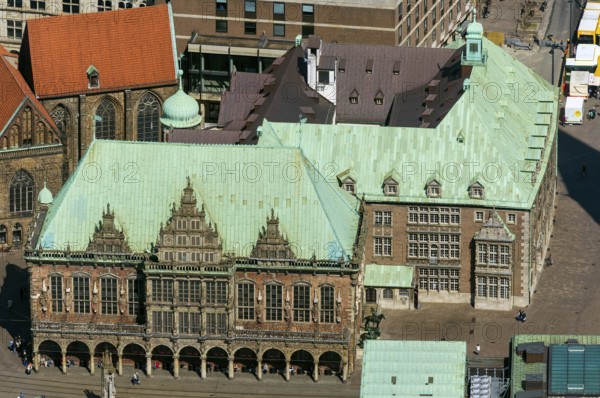 Bremen town hall, Bürgerschaft, green copper roof, city centre Bremen, city, aerial view, aerial photography of Bremen, Bremen, Germany, Europe, birds-eyes view, aerial photography, aerial photography, overview, overview, bird's eye view