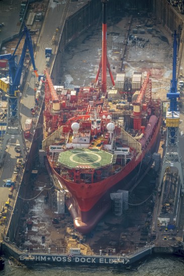 Hamburg harbour, Blohm + Voss shipyard, oil production ship on speech, Petrojarl Banff, Hamburg, Germany, Europe, aerial photo, birds-eyes view, aerial photography, aerial photography, overview, bird's eye view