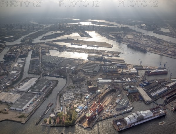 Hamburg harbour, Blohm + Voss shipyard, oil production ship on speech, Petrojarl Banff, Hamburg, Germany, Europe, aerial photo, birds-eyes view, aerial photography, aerial photography, overview, bird's eye view