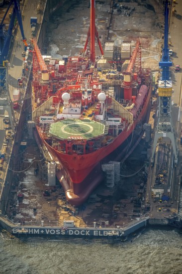 Hamburg harbour, Blohm + Voss shipyard, oil production ship on speech, Petrojarl Banff, Hamburg, Germany, Europe, aerial photo, birds-eyes view, aerial photography, aerial photography, overview, bird's eye view