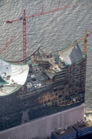Construction site of the ElbPhilharmonie Hamburg, Philharmonie, Speicherstadt Hamburg, Elbe, Hamburg, Germany, Europe, aerial view, birds-eyes view, aerial photography, aerial photography, overview, overview, bird's eye view