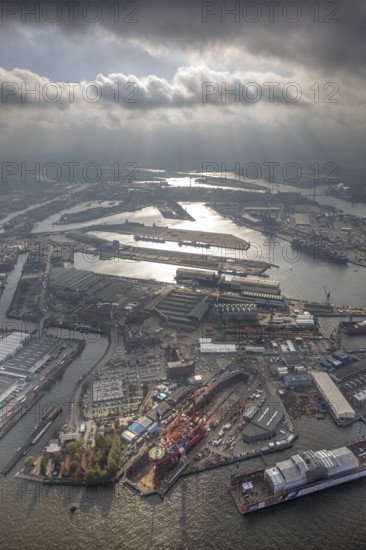 Hamburg harbour, Blohm + Voss shipyard, oil production ship on speech, Petrojarl Banff, Hamburg, Germany, Europe, aerial photo, birds-eyes view, aerial photography, aerial photography, overview, bird's eye view