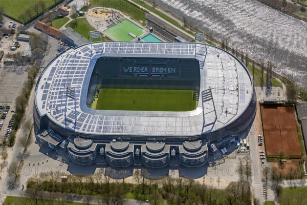 Weser stadium of SV Werder Bremen GmbH & Co. KGaA, Bundesliga, football club, solar roof, stadium football stadium on the Weser, aerial photo, aerial photography of Bremen, Bremen, Germany, Europe, birds-eyes view, aerial photography, aerial photography, overview, overview, bird's eye view