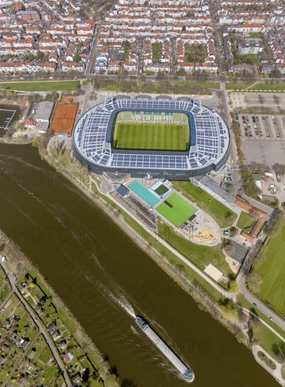 Weser stadium of SV Werder Bremen GmbH & Co. KGaA, Bundesliga, football club, solar roof, stadium football stadium on the Weser, aerial photo, aerial photography of Bremen, Bremen, Germany, Europe, birds-eyes view, aerial photography, aerial photography, overview, overview, bird's eye view