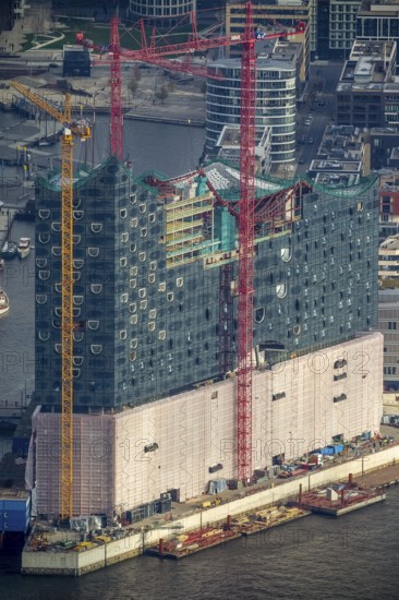 Construction site of the ElbPhilharmonie Hamburg, Philharmonie, Speicherstadt Hamburg, Elbe, Hamburg, Germany, Europe, aerial view, birds-eyes view, aerial photography, aerial photography, overview, overview, bird's eye view