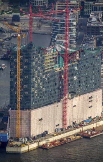 Construction site of the ElbPhilharmonie Hamburg, Philharmonie, Speicherstadt Hamburg, Elbe, Hamburg, Germany, Europe, aerial view, birds-eyes view, aerial photography, aerial photography, overview, overview, bird's eye view