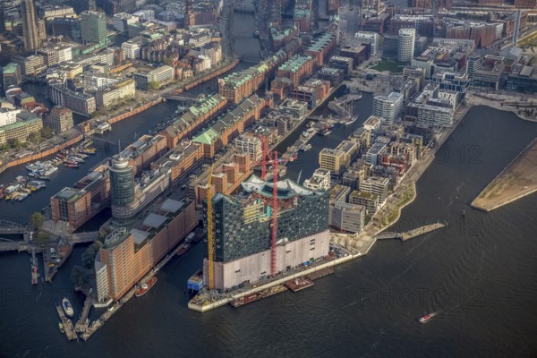 Construction site of the ElbPhilharmonie Hamburg, HafenCity, Elbe, Philharmonie, Speicherstadt Hamburg, Hamburg, Germany, Europe, aerial view, birds-eyes view, aerial photography, aerial photography, overview, bird's eye view