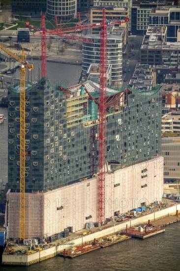 Construction site of the ElbPhilharmonie Hamburg, Philharmonie, Speicherstadt Hamburg, Elbe, Hamburg, Germany, Europe, aerial view, birds-eyes view, aerial photography, aerial photography, overview, overview, bird's eye view