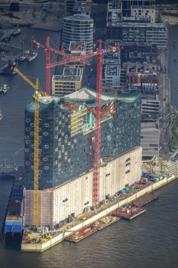 Construction site of the ElbPhilharmonie Hamburg, Philharmonie, Speicherstadt Hamburg, Elbe, Hamburg, Germany, Europe, aerial view, birds-eyes view, aerial photography, aerial photography, overview, overview, bird's eye view