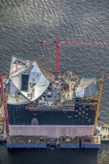 Construction site of the ElbPhilharmonie Hamburg, Philharmonie, Speicherstadt Hamburg, Elbe, Hamburg, Germany, Europe, aerial view, birds-eyes view, aerial photography, aerial photography, overview, overview, bird's eye view