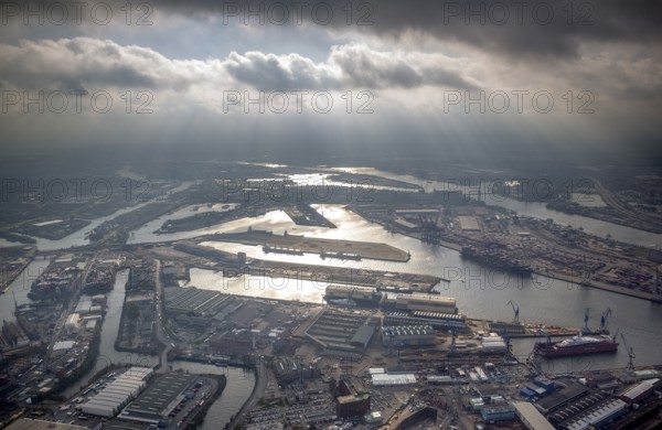 Hamburg harbour, Blohm + Voss shipyard, oil production ship on speech, Petrojarl Banff, Hamburg, Germany, Europe, aerial photo, birds-eyes view, aerial photography, aerial photography, overview, bird's eye view