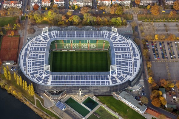 Aerial view, stadium of the Bundesliga club SV Werder Bremen, Weserstadion, Wuseum, photovoltaics, Bremen, Germany, Europe, birds-eyes view, aerial photography, aerial photography, overview, overview, bird's eye view