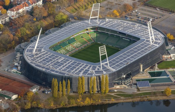 Aerial view, stadium of the Bundesliga club SV Werder Bremen, Weserstadion, Wuseum, photovoltaics, Bremen, Germany, Europe, birds-eyes view, aerial photography, aerial photography, overview, overview, bird's eye view