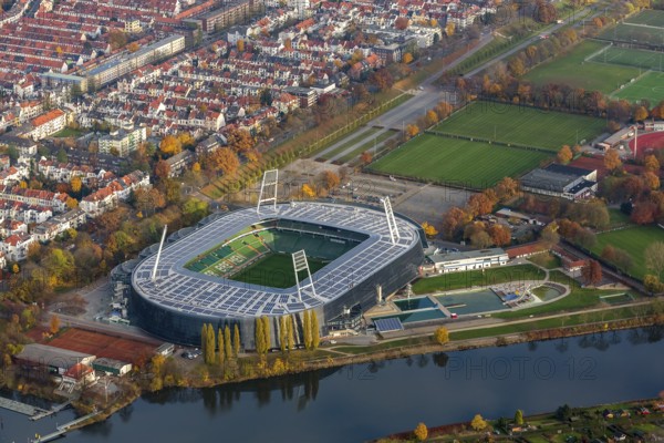 Aerial view, stadium of the Bundesliga club SV Werder Bremen, Weserstadion, Wuseum, photovoltaics, Bremen, Germany, Europe, birds-eyes view, aerial photography, aerial photography, overview, overview, bird's eye view