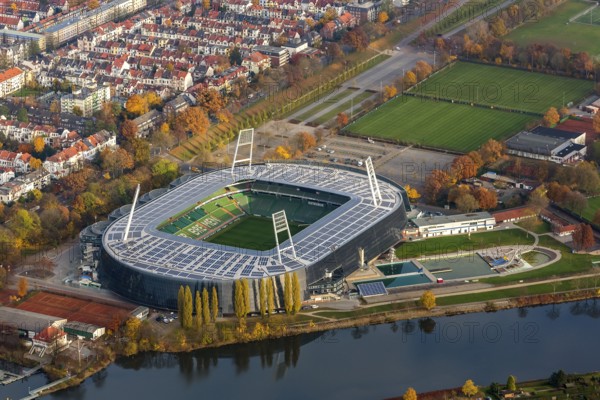 Aerial view, stadium of the Bundesliga club SV Werder Bremen, Weserstadion, Wuseum, photovoltaics, Bremen, Germany, Europe, birds-eyes view, aerial photography, aerial photography, overview, overview, bird's eye view