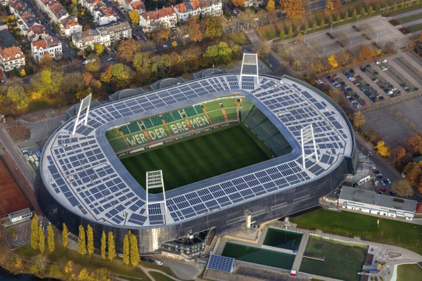 Aerial view, stadium of the Bundesliga club SV Werder Bremen, Weserstadion, Wuseum, photovoltaics, Bremen, Germany, Europe, birds-eyes view, aerial photography, aerial photography, overview, overview, bird's eye view