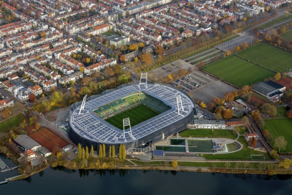 Aerial view, stadium of the Bundesliga club SV Werder Bremen, Weserstadion, Wuseum, photovoltaics, Bremen, Germany, Europe, birds-eyes view, aerial photography, aerial photography, overview, overview, bird's eye view